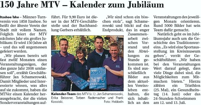 Jubiläumskalender 2008 des MTV Itzehoe